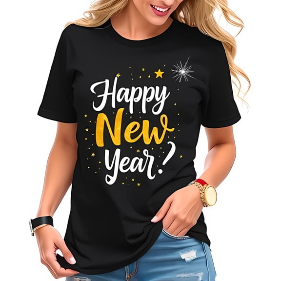 Stylish Black Cotton Short Sleeve T-Shirt with Sparkling 'Happy New Year?' Design for Festive Celebrations