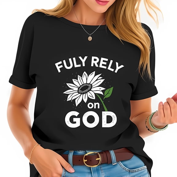 Stylish Black Cotton Short Sleeve T-Shirt with Sunflower & 'FULLY RELY on GOD' Graphic - Casual Faith Inspired Wear