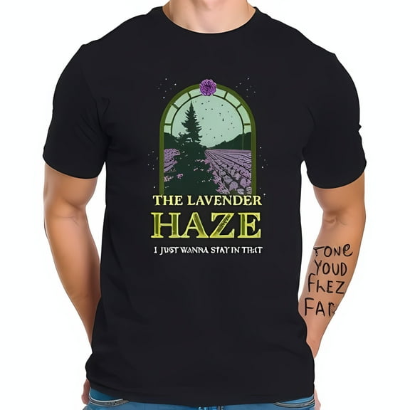 Stylish Black Cotton Short Sleeve T-Shirt with " THE LAVENDER HAZE " Design - Serene Lavender Fields & Whimsical Text