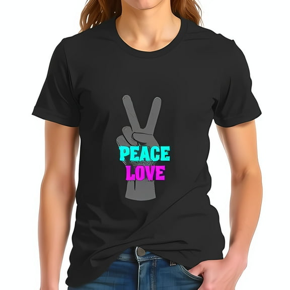 Stylish Black Cotton Short Sleeve T-Shirt with Textured Gray Peace Sign & " PEACE " in Teal " LOVE " in Fuchsia - Casual Graphic Tee