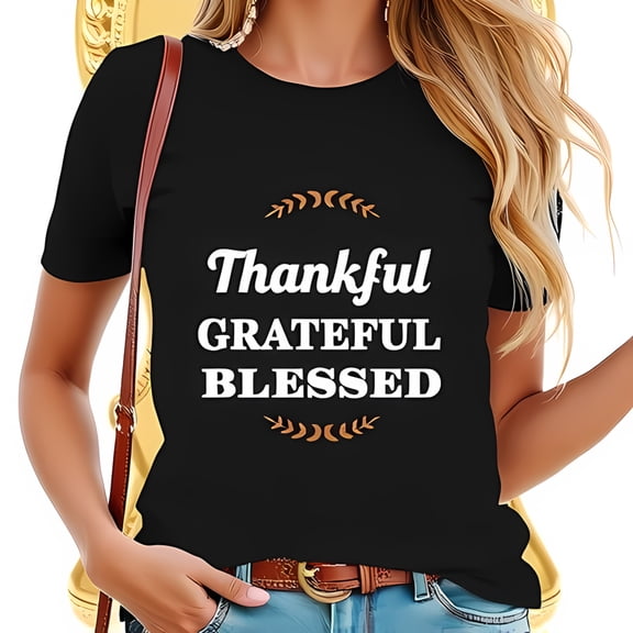 Stylish Black Cotton Short Sleeve T-Shirt with " Thankful Grateful Blessed " Design & Autumn Motifs