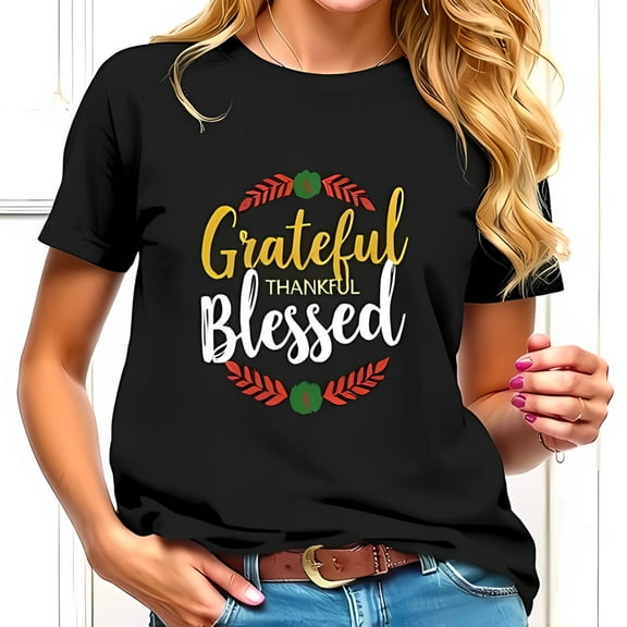 Stylish Black Cotton Short Sleeve T-Shirt with Thanksgiving Leaves Design - " Grateful Thankful Blessed "