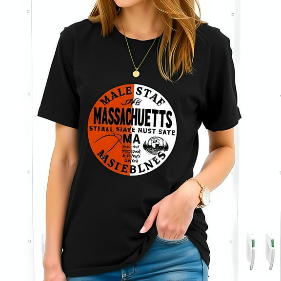 Stylish Black Cotton Short Sleeve T-Shirt with Unique 'MALB MASSACHUSETTS' Graphic Design and Vibrant Orange Accents