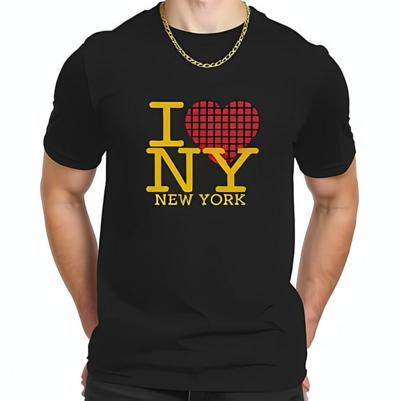 Stylish Black Cotton Short Sleeve T-Shirt with Unique Red & Black Checkered 'I Love NY' Design and Bold Yellow Text