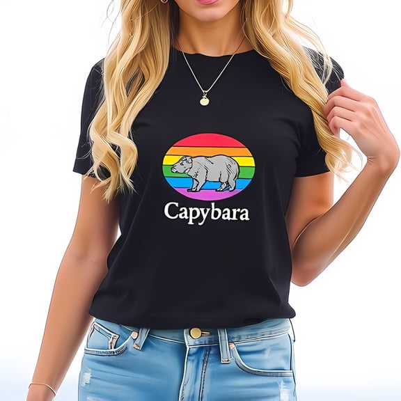 Stylish Black Cotton Short Sleeve T-Shirt with Vibrant Capybara Graphic in Design - Perfect for Animal Lovers