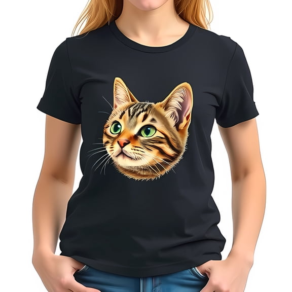 Stylish Black Cotton Short Sleeve T-Shirt with Vibrant Cat Face Illustration - Perfect for Cat Lovers