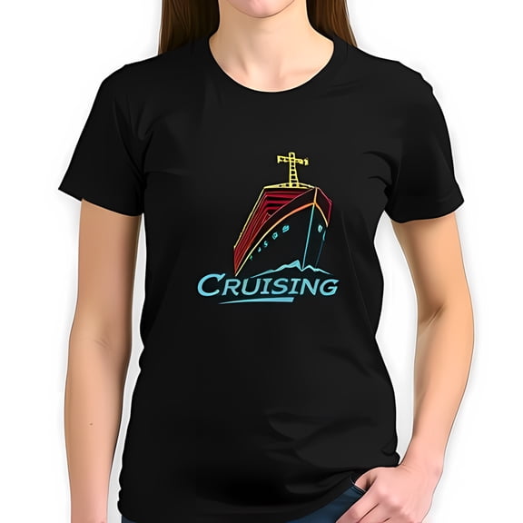 Stylish Black Cotton Short Sleeve T-Shirt with Vibrant Cruise Ship Graphic & 'CRUISING' Text