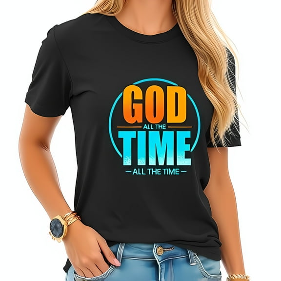 Stylish Black Cotton Short Sleeve T-Shirt with Vibrant 'GOD ALL THE TIME' Graphic in Orange & Teal