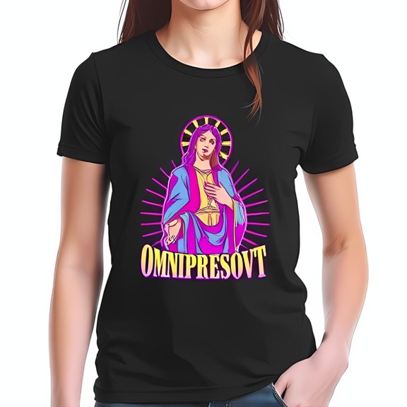 Stylish Black Cotton Short Sleeve T-Shirt with Vibrant Graphic Design & Bold 'OMNIPRESOVT' Text