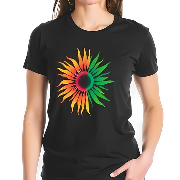 Stylish Black Cotton Short Sleeve T-Shirt with Vibrant Graphic Sun Design in Red Yellow and Green - Bold and Creative Fashion Statement