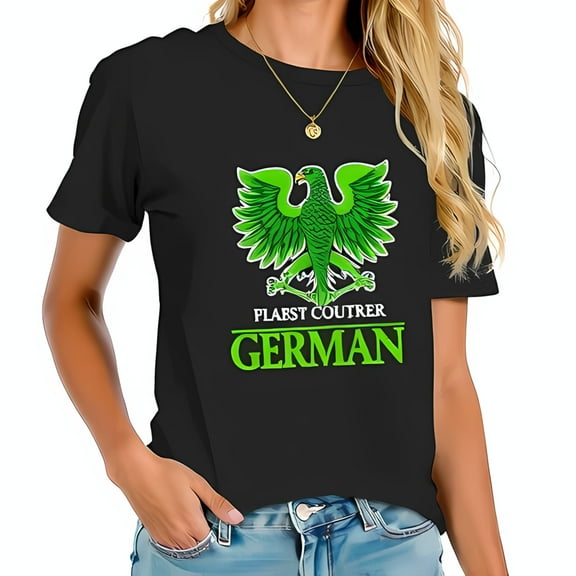 Stylish Black Cotton Short Sleeve T-Shirt with Vibrant Green Eagle Graphic & 'PLAST COURTER GERMAN' Text