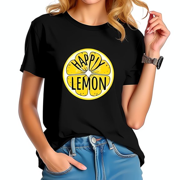 Stylish Black Cotton Short Sleeve T-Shirt with Vibrant Lemon Graphic & 'Happy Lemon' Text - Casual Summer Fashion