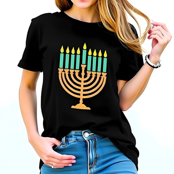 Stylish Black Cotton Short Sleeve T-Shirt with Vibrant Menorah Graphic for - Colorful Candles Design