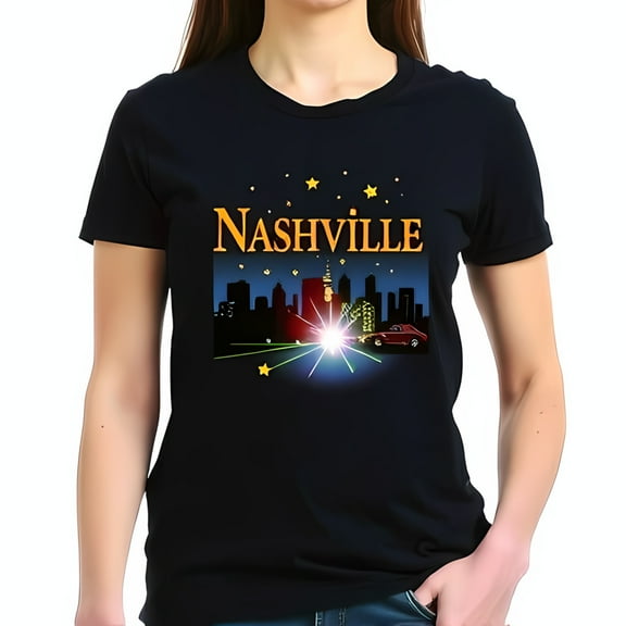 Stylish Black Cotton Short Sleeve T-Shirt with Vibrant Nashville Graphic & Bright Orange " NASHVILLE " Text Stars & Road Design