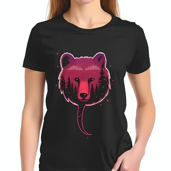 Stylish Black Cotton Short Sleeve T-Shirt with Vibrant Pink and Purple Bear Graphic Design