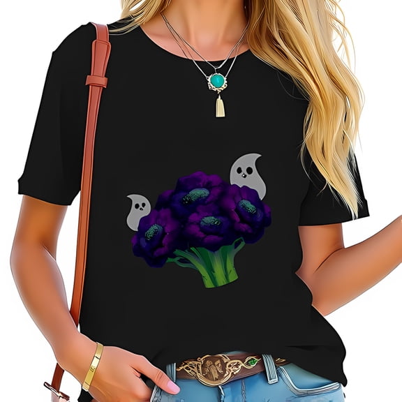 Stylish Black Cotton Short Sleeve T-Shirt with Vibrant Purple Floral Graphic & Playful Ghost Illustrations