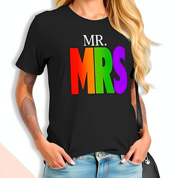 Stylish Black Cotton Short Sleeve T-Shirt with Vibrant Rainbow 'MRS ' Design and White 'MR ' Above - Perfect for Celebrating Love