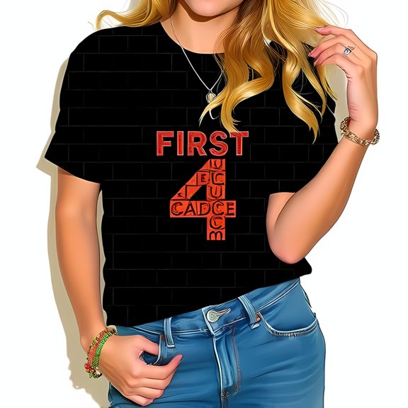 Stylish Black Cotton Short Sleeve T-Shirt with Vibrant Red 'FIRST 4' Brickwork Graphic Design