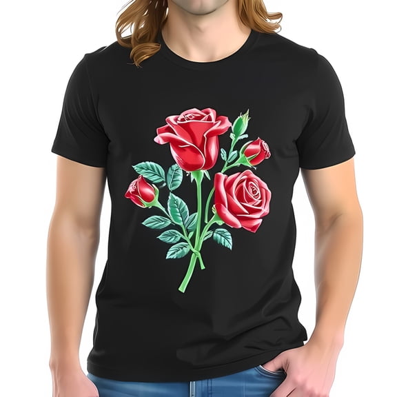 Stylish Black Cotton Short Sleeve T-Shirt with Vibrant Red Roses Graphic Print - Modern Floral Design