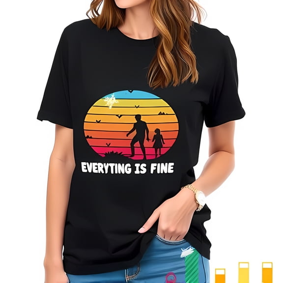Stylish Black Cotton Short Sleeve T-Shirt with Vibrant Sunset Graphic & Heartwarming Parent " EVERYTHING IS FINE "
