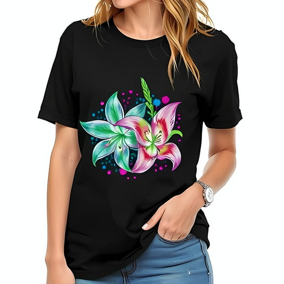 Stylish Black Cotton Short Sleeve T-Shirt with Vibrant Teal Pink & Purple Lily Graphic Design