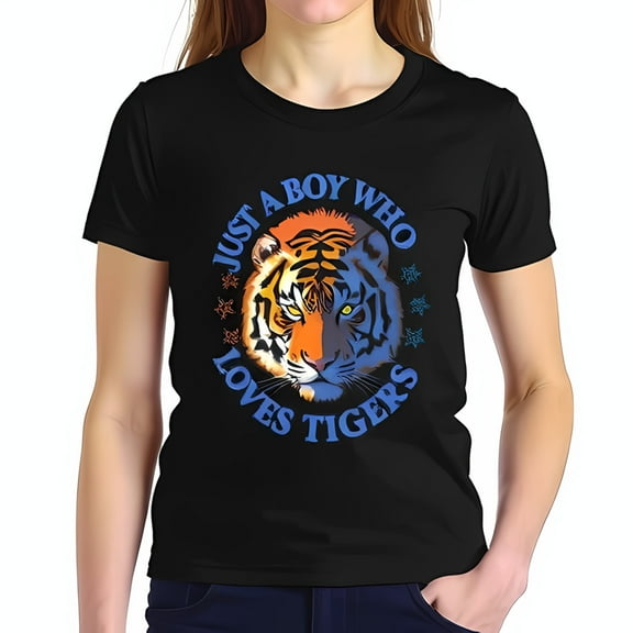 Stylish Black Cotton Short Sleeve T-Shirt with Vibrant Tiger Graphic & " Just a Boy Who Loves Tigers " Text