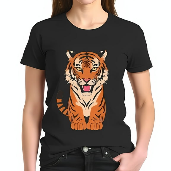 Stylish Black Cotton Short Sleeve T-Shirt with Vibrant Tiger Illustration - Casual Wildlife Graphic Tee