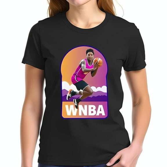 Stylish Black Cotton Short Sleeve T-Shirt with Vibrant WNBA Graphic - Action Shot of Player in Pink Energetic Orange and Purple Background