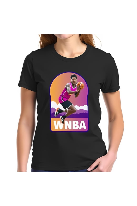 Stylish Black Cotton Short Sleeve T-Shirt with Vibrant WNBA Graphic - Action Shot of Player in Pink Energetic Orange and Purple Background