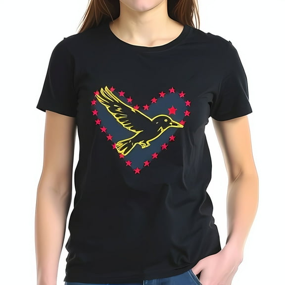 Stylish Black Cotton Short Sleeve T-Shirt with Vibrant Yellow Bird in Heart Design and Red Stars
