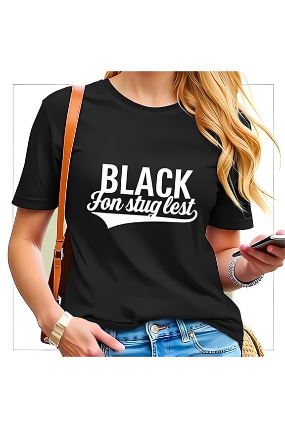 Stylish Black Cotton Short Sleeve T-Shirt with Vintage Sporty White Lettering - " BLACK Jon stug lest " - Casual Chic Fashion Top