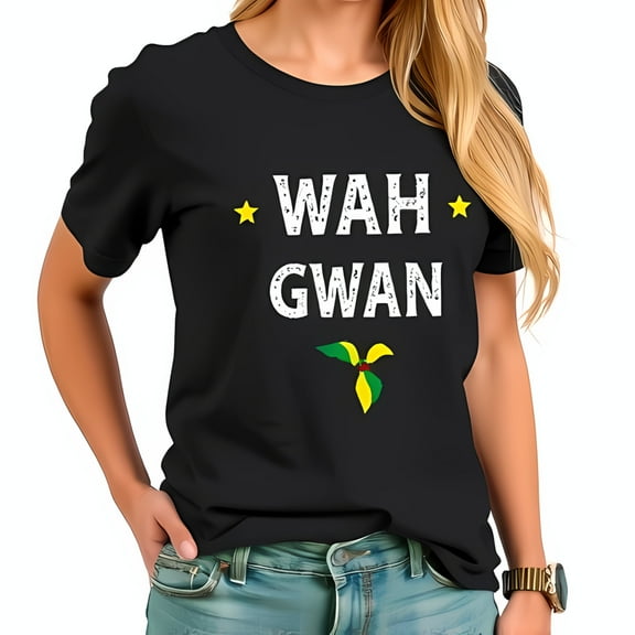 Stylish Black Cotton Short Sleeve T-Shirt with 'WAH GWAN' in Bold White Letters & Colorful Design