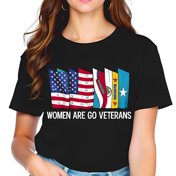 Stylish Black Cotton Short Sleeve T-Shirt with " WOMEN ARE GO VETERANS " Graphic & Folded Flags Design - Celebrate Women Veterans