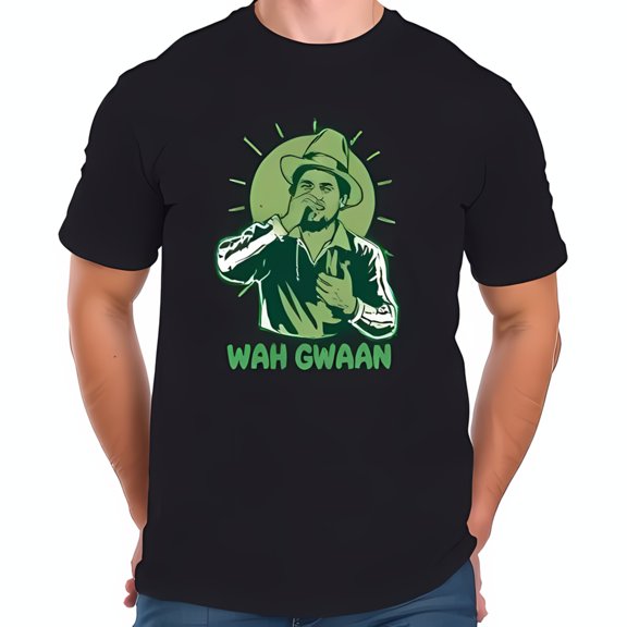 Stylish Black Cotton Short Sleeve T-Shirt with 'Wah Gwaan' Graphic Design & Joyful Figure