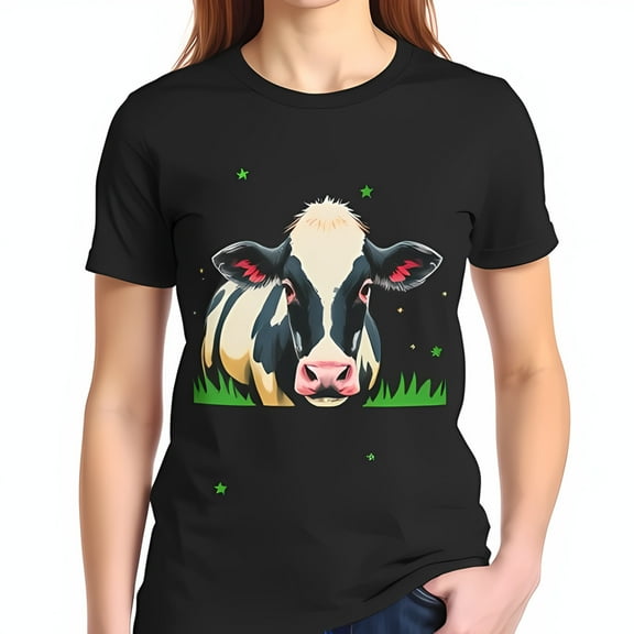 Stylish Black Cotton Short Sleeve T-Shirt with Whimsical Cow Illustration & Green Stars Design