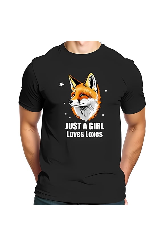 Stylish Black Cotton Short Sleeve T-Shirt with Whimsical Fox Illustration & " Just a Girl Loves Foxes " Text