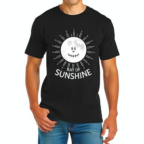 Stylish Black Cotton Short Sleeve T-Shirt with Whimsical Graphic & 'RAY OF SUNSHINE' Text
