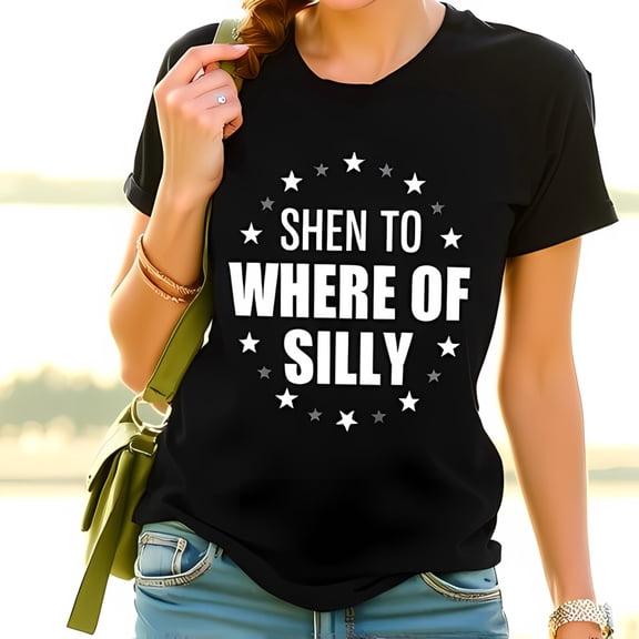 Stylish Black Cotton Short Sleeve T-Shirt with Whimsical " Shen to Where of " Graphic and Star Accents