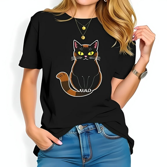 Stylish Black Cotton Short Sleeve T-Shirt with Whimsical Tortoiseshell Cat Illustration and Yellow Eyes