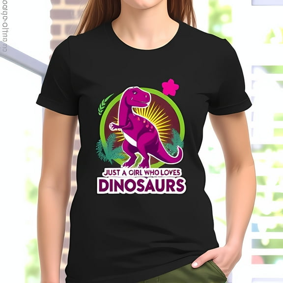 Stylish Black Cotton T-Shirt with Magenta Graphic Motif & " Just a Girl Who Loves Dinosaurs " Print