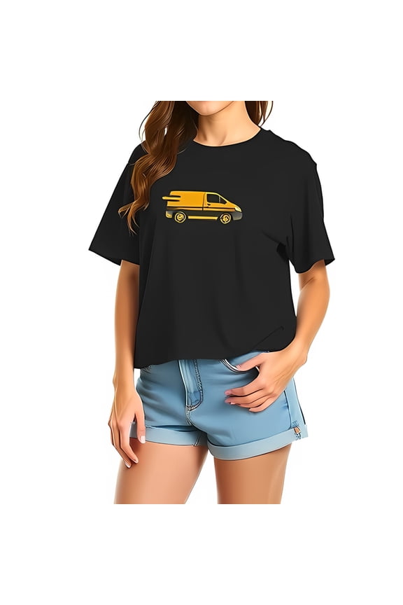 Stylish Black Cropped Cotton T-Shirt with Yellow Delivery Van Graphic - Short Sleeve Casual Summer Top for Women