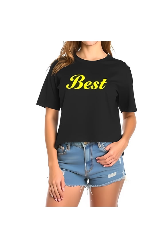 Stylish Black Cropped Cotton Women’s Shirt With Bold Yellow Best Quote