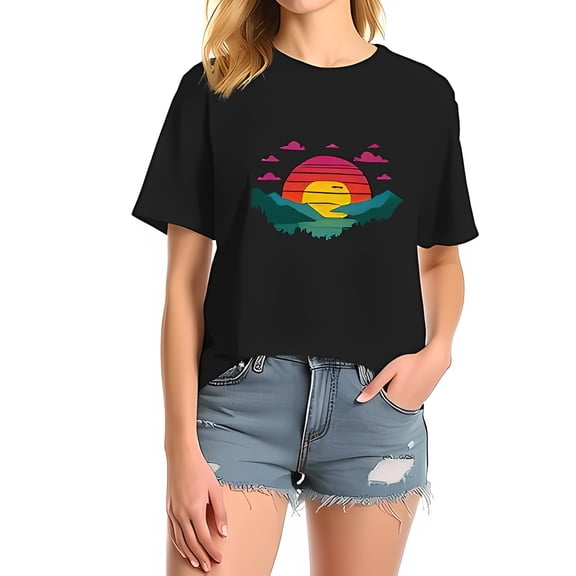 Stylish Black Cropped T-Shirt with Retro Sunset Mountain Graphic - Casual Relaxed Fit for Effortless Cool