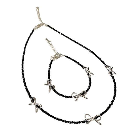 Stylish Black Crystals Bead Bowknot Jewelry Set Elegant Bracelet Necklace Ornament for Women Daily Office Party