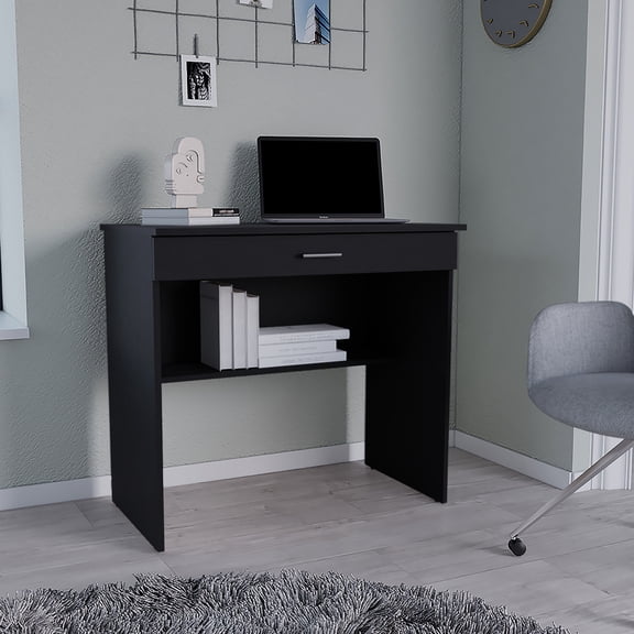 Stylish Black Desk Featuring Style And Storage Solutions In Black, Spacious Practical Desk. 31.5"w X 19.6"d Surface. 27.8"w 3"h Useful Drawer. 7.4"d Extra Lower Shelf. Great For Home Office, Dorm