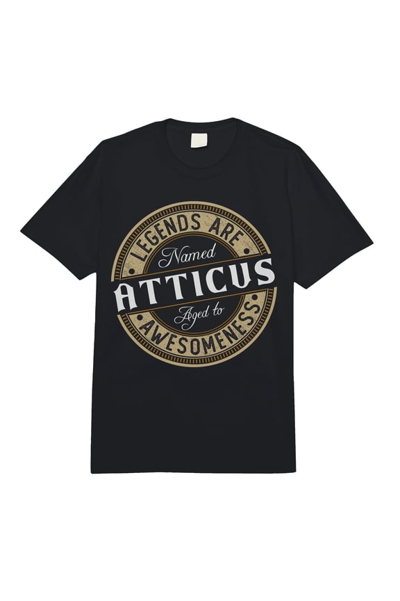 Stylish Black Emblem T-Shirt Featuring 'Atticus' and 'Legends Are Aged to Awesomeness' Design