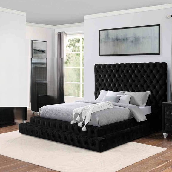 Stylish Black Flannelette 1pc King Size Step Up Platform Bed, Tufted Oversized HB Bedroom Furniture