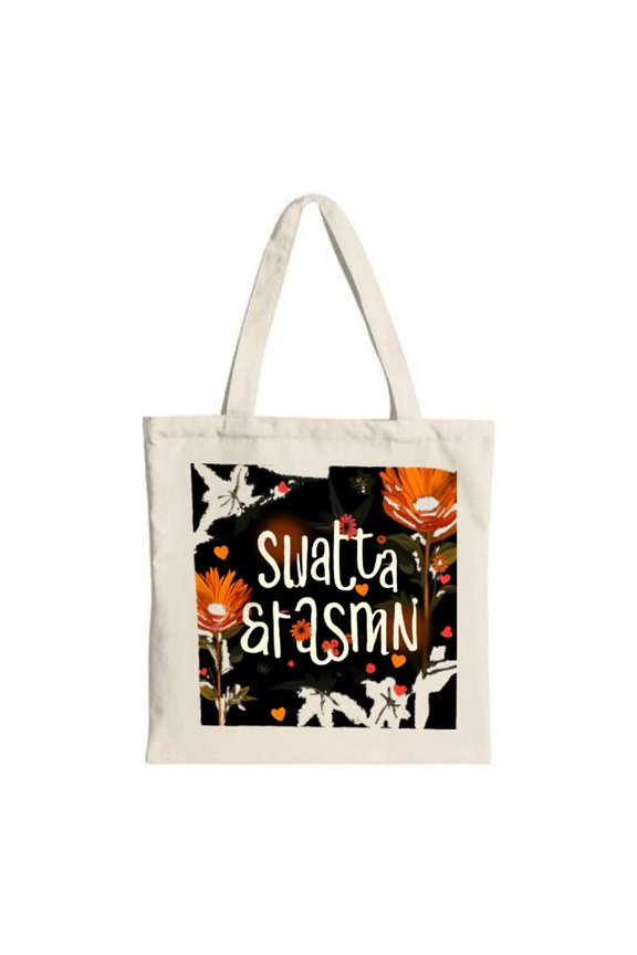 Stylish Black Floral Tote Bag with Orange Flowers & White Leaves ' Swatta Stasmn ' Text Perfect for Shopping Travel & Parties