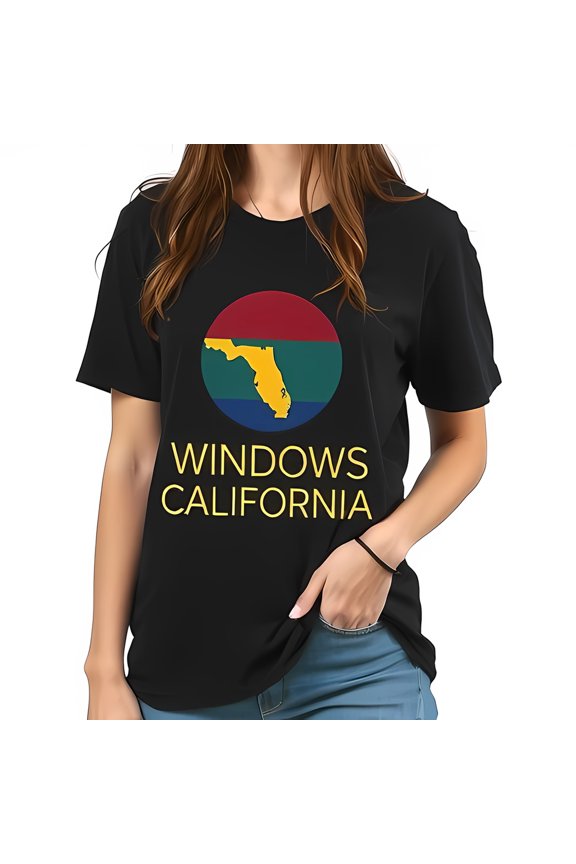 Stylish Black Graphic T-Shirt with Map - "WINDOWS CALIFORNIA" - Casual Relaxed Fit Tee