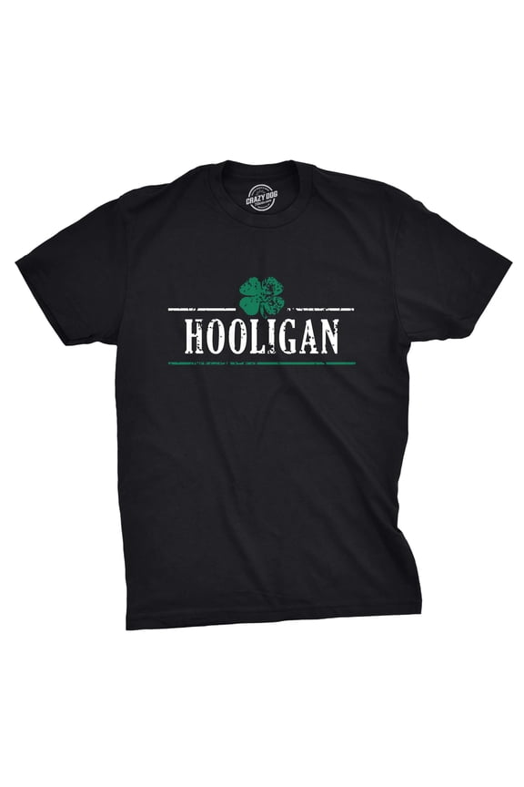 Stylish Black Irish Hooligan T-Shirt with Distressed Text and Shamrock Design for Festive Celebrations